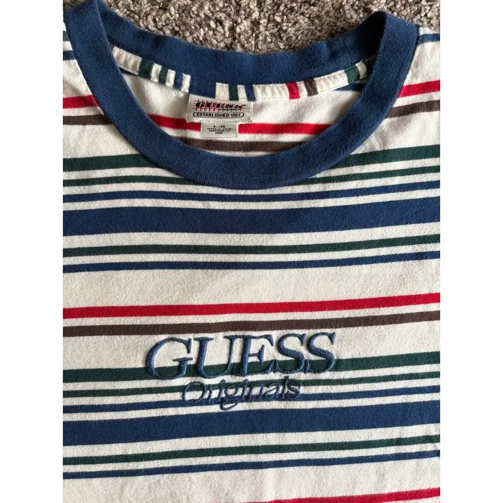 Guess Striped T-Shirt Large L Vintage Style Multi-Color Knit Retro Crew Neck Top - Picture 3 of 6